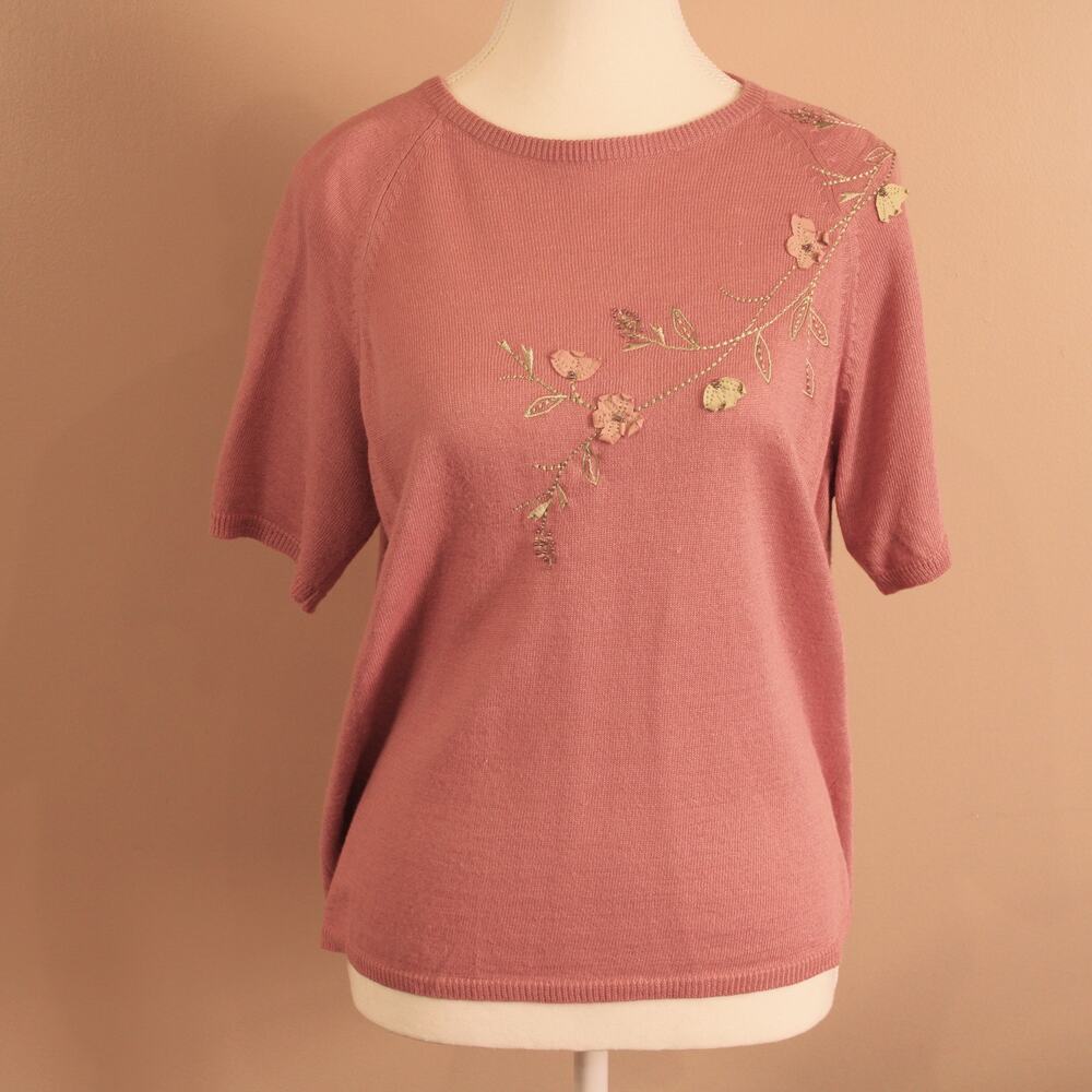 Teddi Women's Dusty Rose Floral Embroidered Knit Top sz S